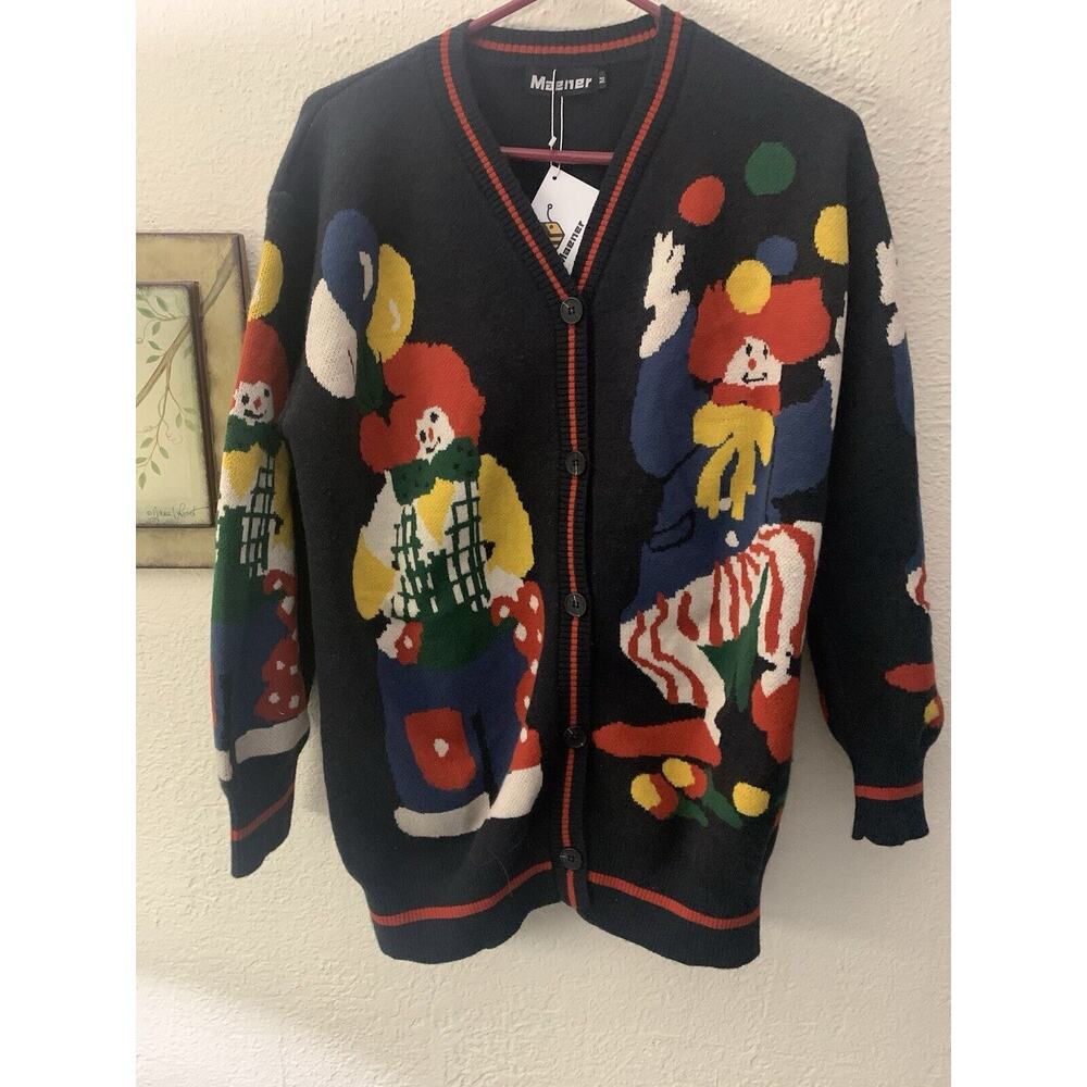 Maener Sweater Cardigan Clown Med Preppy Fun Casual Carnival Career Busines NWT